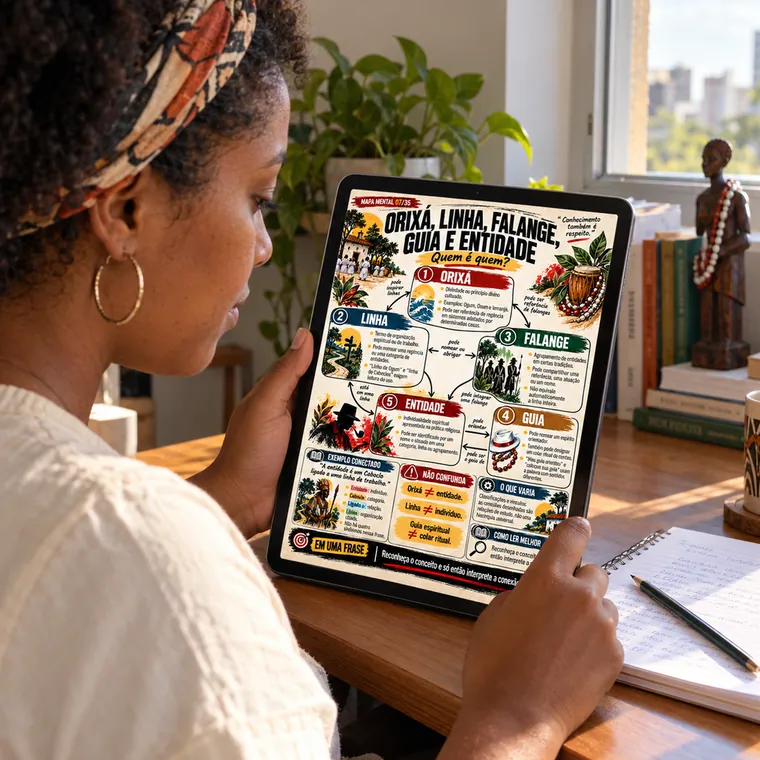 Mulher consulta no tablet o mapa Orixá, Linha, Falange, Guia e Entidade