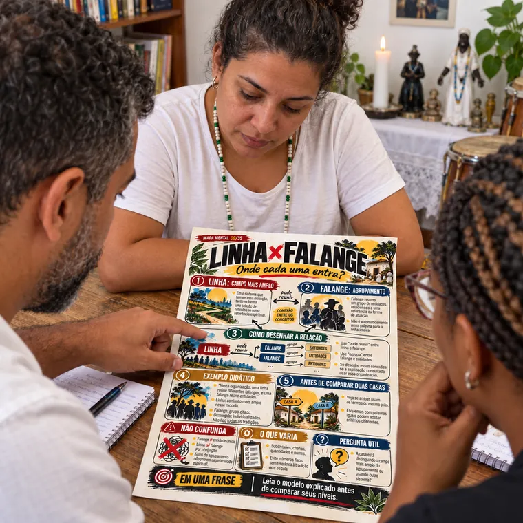 Duas pessoas estudam o mapa Linha × Falange impresso