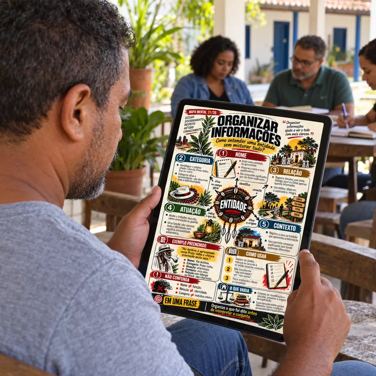 Homem consulta no tablet o mapa Organizar Informações