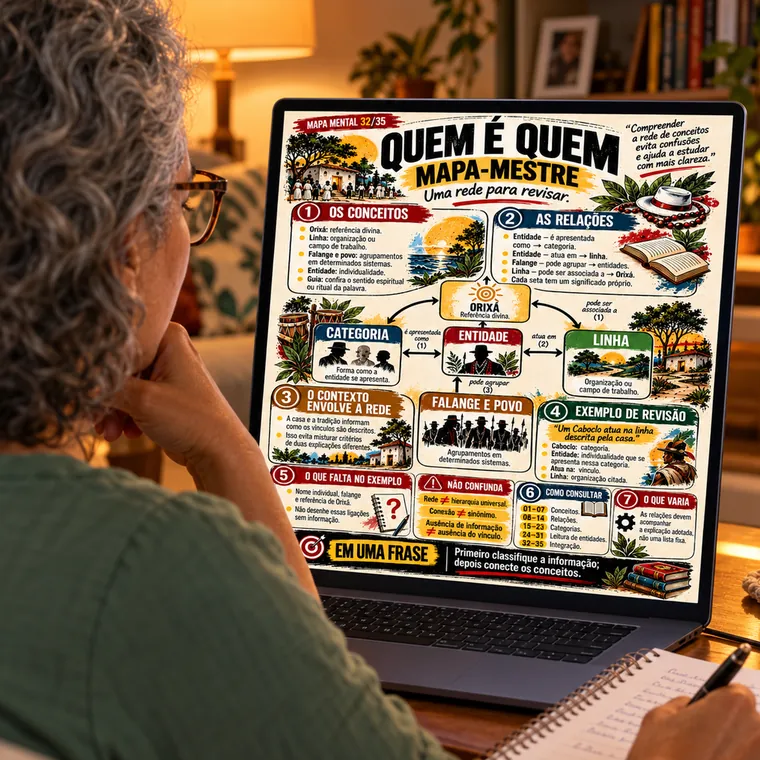 Mulher estuda o mapa-mestre Quem é Quem no notebook